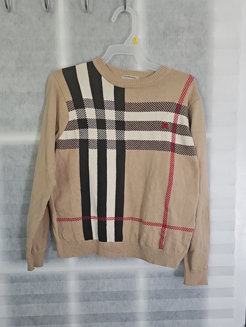 Burberry Beige Crewneck Sweater with Black, White and Red Plaid